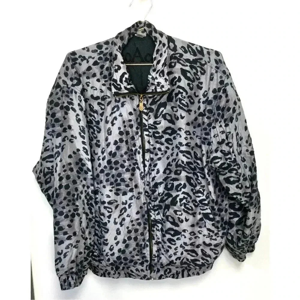 Vintage CoAco Womens Black Gray Cheetah Print Silk Full Metal Zip Jacket Size XL
